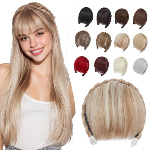 Elailite Frangia Capelli in Cerchietto a Trecce Biondo Dorato/Biondo Chiaro, Frangetta Frontale Voluminoso 55g Extension Hair Bang Fringe Hairpiece Posticci Donna