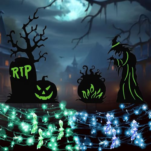Shinybox 3 Stück Halloween Glühendes Grabsteine Deko mit 6 Stück 3 Meter Lichterkette, LED Fluoreszierend Grabsteine, Friedhofsdekoration Innen und Aussen für Halloween Zombie Party Garten