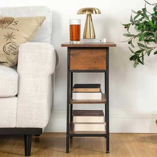 FurnitureR Table de Chevet Industriel Vintage, Boîte de Rangement et Plateau Pliable, Table de Nuit avec Station de Recharge/2 Prises & 2 USB, Grande Etagère Ouverte à 2 Niveaux, 60 x 30 x 60cm