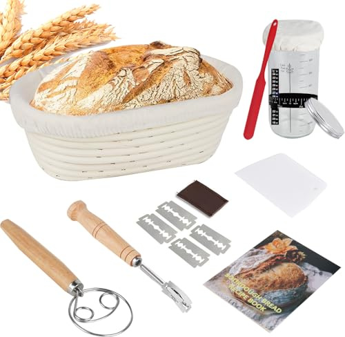 KBIBCK Sauerteig Starter Set, Oval GärkörbchenSet, Brotbacken Startver Set, Gärkorb Brot mit Brotbackzubehör, Brot Backen Zubehör für Professionelle Häusliche Bäcker Brotbacken für Anfänger & Profis