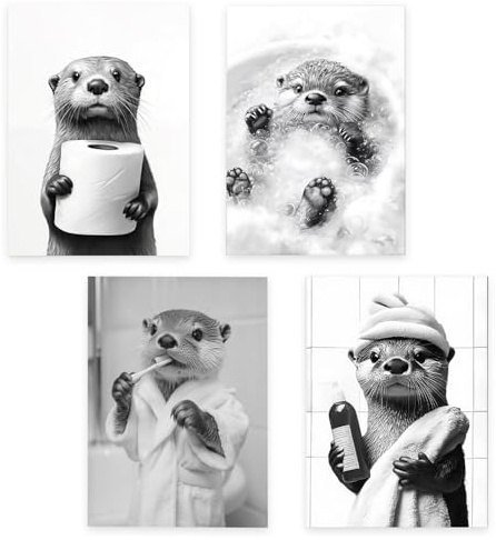 Yoljun Badezimmer Deko, 4er Set Otter Poster, Lustige Badezimmer Bilder ohne Rahmen, Poster & Kunstdrucke für Gäste-WC, Bad, schwarz-weiß Deko Bad und Bild, ohne Rahmen 30×20CM