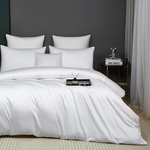 Luofanfei Bettwäsche 135x200 4teilig Baumwolle Weiß Kühlend Mako Satin | Glatt Luxus Muster Atmungsaktiv Sommer Bettwäscheset Weich und Bügelfrei Uni Bettbezüge Einzelbett und Kissenbezüge 80x80 cm