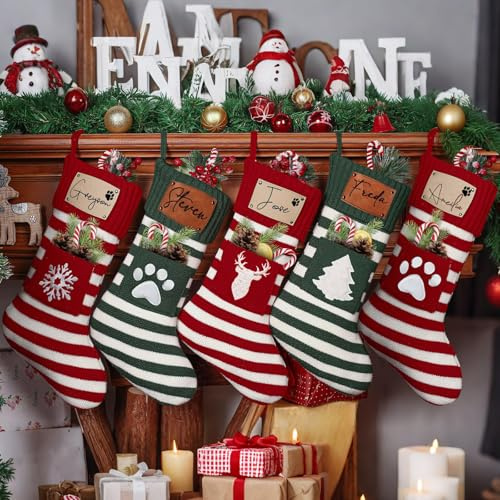 UIDMEN Personalisierter Weihnachtsstrumpf mit Gravierung, Custom Weihnachtsstrümpfe für Hunde Katzen mit Pfotenabdruck, 48 cm Weihnachtsstrumpf mit Lederpatch für Kamin, Weihnachtsfeier Deko, Geschenk