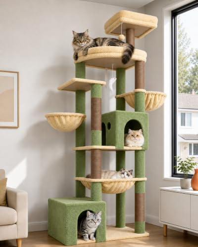 Globlazer Árbol para Grandes Gatos XXL 194 cm Alto con 2 Nidos Grande, Hamaca 50 * 40CM, Gran Plataforma, 2 Cesta, Percha, Enorme Rascador para 3-5 Gatos Adulto Descansar Jugar (S76B, Verde Cactus)