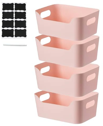 XAHMBSS 4 Stück Aufbewahrungsboxen mit Griff,Niedrigeren Vorderseite Aufbewahrungskorb,Aufbewahrungsbox Kunststoff für Küche und Bad,Regal Schrank Organizer Boxen (Rosa)