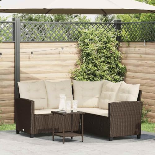 Runheo Gartensofa L-Form, Braun Poly Rattan, Couchtisch mit Glasplatte, 146x146x76cm, UV-beständig, wasserfest, für Terrasse, Garten, Balkon, Outdoor-Möbel-Set
