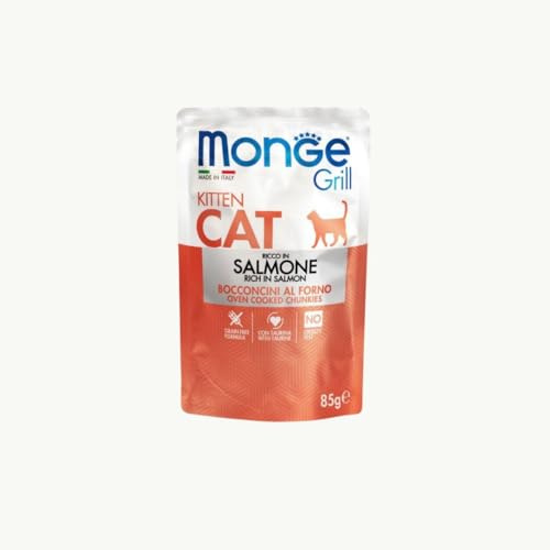 Monge Grill gatto Kitten, morbidi bocconcini al forno per gattini cuccioli di tutte le taglie e razze gusto SALMONE | 12 bustine da 85 grammi l'una.