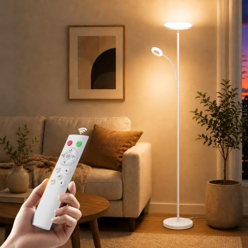 Torkase LED Stehlampe Wohnzimmer, 42W 4200LM Deckenfluter mit Leselampe, Dimmbare Mutter-Tochter Standleuchte mit Magnetischer Fernbedienung, 2700K-6500K Moderne Lampe Weiß