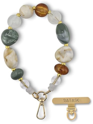RATASK Beaded Wrist Strap Bracelet, Acrylic Beaded Mobile Phone Strap, Keychain Accessory, Decorative Pendant, Made with Durable Metal String for Extra Strength and Security (Luna Pebble)