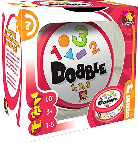 Asmodee | Dobble 1,2,3 | Fun Family Card Game | Fast-Paced Observation Game | 15 Min Playtime | 2-8 Players | Ages 6 and up | Tin Box & 55 Cards