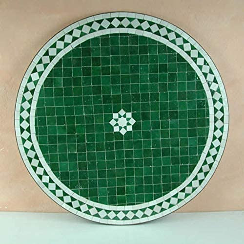 Mesa de jardín mediterránea | Mosaico marroquí M60-3 verde esmeralda y blanco | Diámetro 60 cm con marco de hierro | Hecho a mano | Mesa de terraza decorativa o de cóctel de jardín | MT2051
