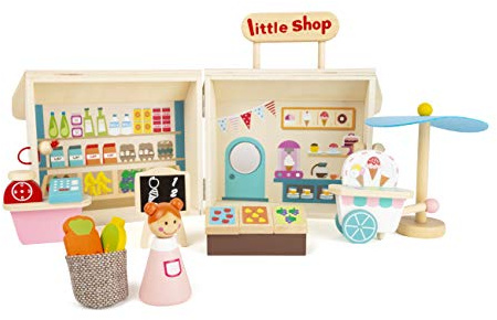 Small Foot Einkaufsladen im Koffer aus Holz, 15 teiliges Spielset, ideal für Reisen, ab 3 Jahren, 11393, kindergerecht