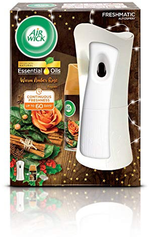 Air Wick Essential Oils Freshmatic Autospray Kit Warm Amber Rose Scent, 4 Kits: 4 Gadgets + 4 Refills X 250 ml