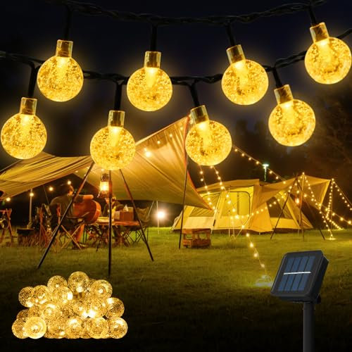 OxyLED Solar Lichterkette Aussen, 6.5M 30LED Lichterkette Solar Außen Wetterfest Wasserdicht IP65 8 Modi Kristall Kugeln Solar Lichterkette Außen für Garten, Terrasse, Balkon, Partys, Warmweiß