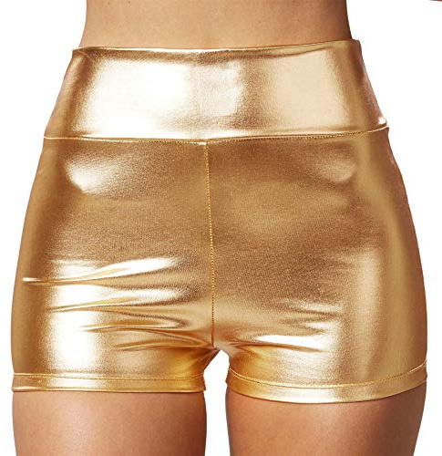 dressforfun 901007 Damen Metallic Hotpants, glänzende Shorts mit hoher Taille, eng anliegende Kurze Hose für Tanz Sport Disco Kostüm Fasching Karneval - Diverse Größen -