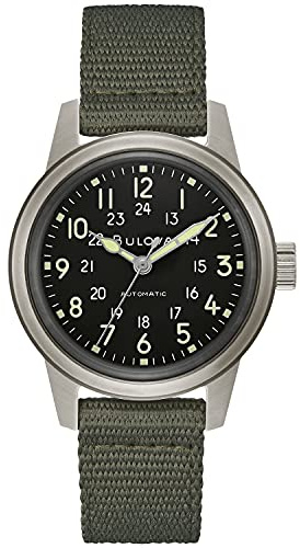 Bulova Men's Military Heritage Hack Veteran's Watchmaking Initiative Watch in Stainless Steel with 3-Hand Automatic, Black NATO Leather Strap Style: 96A259