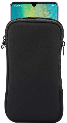 Neoprene Shock Absorbing Proof Pouch Large Cell Phone Sleeve Case Cover w Zipper/Neck Strap for Samsung Galaxy Note 20 Ultra 5G, Note 10+,S20 Plus,A20s / Moto G Power/LG Stylo 5/ Pixel 4 XL (Black)