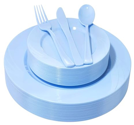 YOUBET 125Pieces Blue Plastic Plates - Blue Baby Shower Plates Disposable - Include 25 Dinner Plate 25 Dessert Plate 25 Forks 25 Knives 25 Spoons for Birthday Party & Baby Shower Gifts