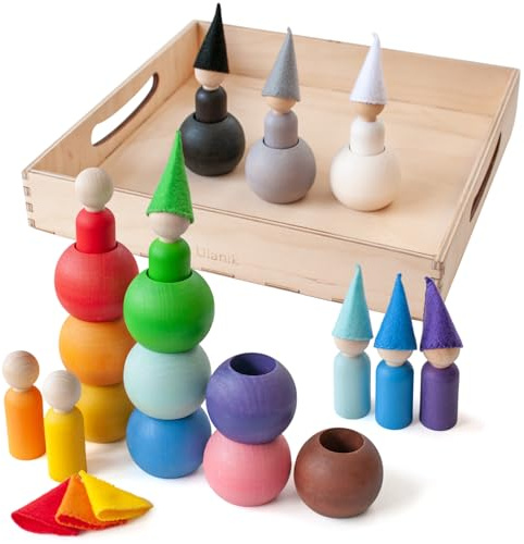 Ulanik Montessori Peg Puppen Holzspielzeug Sortieren Lernspielzeug mit Hüte in einem Ball Sorter 12 GNOME 60mm Alter 3 + Farbe Sortierung und Zählen Peg Puppen Vorschule (2 Edition)