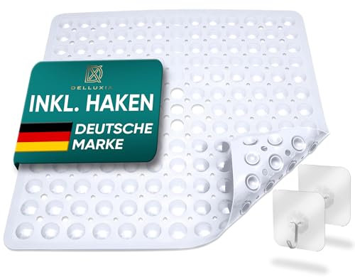 Delluxia Duschmatte 53x53 cm, INKL. 2 Haken | Antirutschmatte Dusche Badematte schimmelresistent & maschinenwaschbar | Duscheinlage BPA frei & latexfrei | Weiß