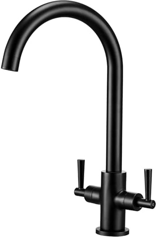 Hapilife Black Kitchen Tap Dual Lever Monobloc Swan Neck 360° Swivel Spout | Stainless Stee & Brass Black Taps, Mono Kitchen Sink Mixer Tap, Ideal for Modern Minimalist Kitchens, 1 Hole Easy Install