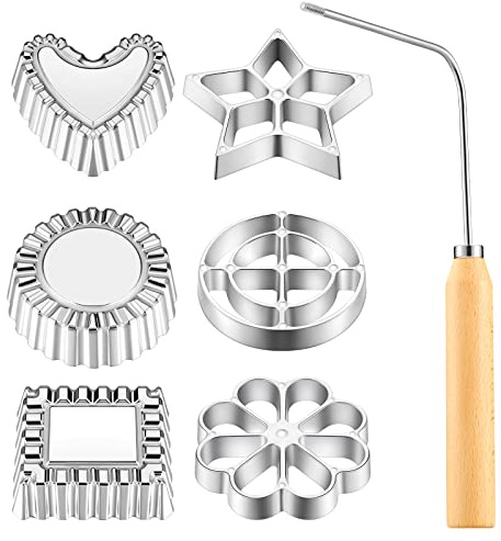 7 Pcs Achappam Bunuelos Mold with Handle Rosette Iron Set Aluminum Rosette Maker Heart Star Circle Square Cookies Mold for Interchangeable Head Kitchen Baking Cooking Fried Housewares, 6 Shape