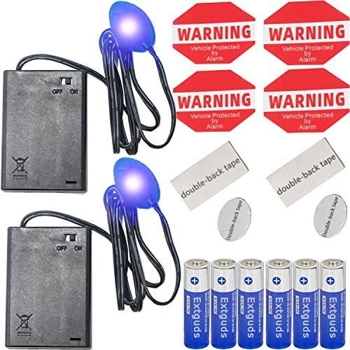 Lot de 2 fausses alarmes de voiture factices (piles incluses), lumière LED bleue simulant un système de sécurité d'imitation, lampe clignotante (détection de lumière)