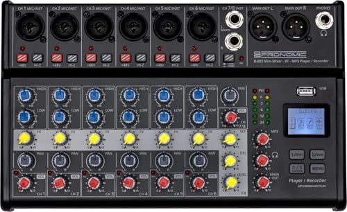 Pronomic B-803 Mini-Mixer mit Bluetooth und USB-Recording, 3mm Klinke | Kompakter 8-Kanal Mixer, 6 Mono-Kanäle mit symmetrischem XLR/Klinke-Eingängen, 1 Stereo-Kanal mit Klinke-Eingängen, 45 kg