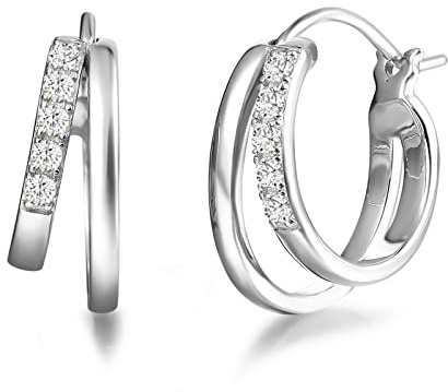 Creolen Ohrringe Breite Huggie aus 925 Sterling Silber mit Weißgold Plattiert mit Funkelnd Zirkonia Schmuck für Damen Frauen Mädchen - Durchmesser: 18 mm, Breite 7 mm