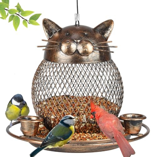 Eichhörnchensichere Vogelfutterspender, verbesserte niedliche Katzenform, robuster Kupfer-Wildvogel-Futterspender mit Haken zum Aufhängen im Freien, Garten, Hof, Außendekoration, 0,9 kg Kapazität