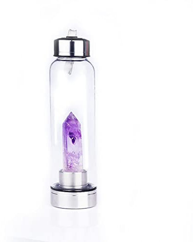 Natural Crystal Water Bottle Reusable Glass Water Bottle with Natural Amethyst Elixir Quartz Crystal Wand Stick Wand Healing Elixir Point Reiki Crystal Obelisk Gemwater Crystal Infused Water Bottle