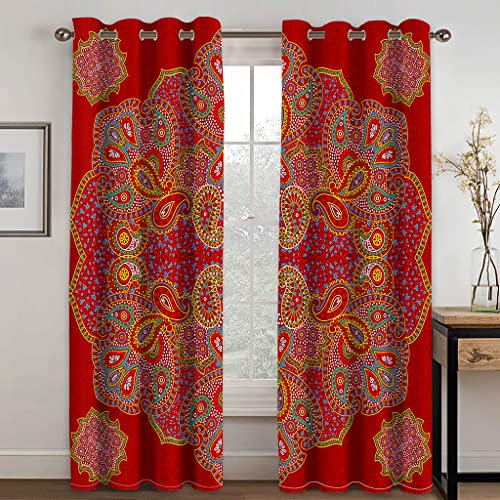 Verdunklungsvorhänge Rot-Gelbes Mandala Scheibengardinen Weich Vorhänge Wohnzimmer Vorhang Schlafzimmer Verdunkelungsvorhang Vorhänge Blickdicht Gardinemit Ösen Schallschutz Curtains 2x85x200cm