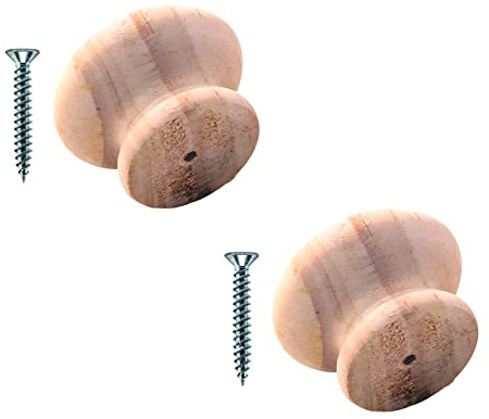 TERF® Lot de 2 boutons de porte de placard traditionnels en pin non laqué 60 mm avec fixation pour commode, tiroir, placard, armoire de cuisine