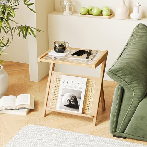 Bamworld Rattan Beistelltisch Boho Nachttisch Glas Nachttisch Kleine Beistelltische Bambus Schlafzimmer Couchtisch mit Stauraum für Wohnzimmer und Outdoor Natur