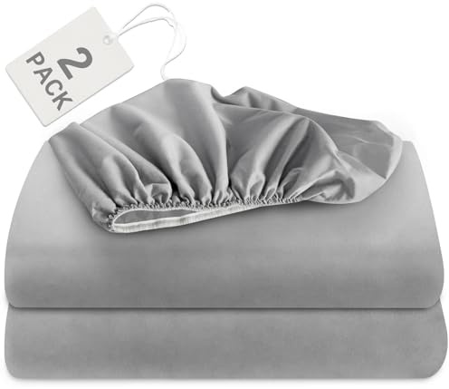 Biloban Twin Fitted Sheet 2 Pack, Twin Bedding Fitted Sheets Only with Deep Pocket up to 14, Bottom Sheet, Shrinkage & Stain Resistant Bed Sheets, Wrinkle Free & Easy Care, Grey