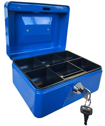 Requisite Needs Hucha de metal de acero de 6 pulgadas, caja fuerte para dinero en efectivo, caja fuerte con cerradura y 2 llaves para seguridad (azul)