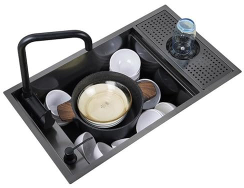 Küchenspülen Küche Verstecktes Waschbecken Kommerzielles Bar-Spülbecken Für Coffeeshops Mit Tassenspüler RV-Siphon-Waschbecken Mit Klappbarem Wasserhahn Platz Sparen ( Color : Schwarz , S : 55*32*22cm