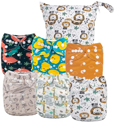 ALVABABY 6pcs Cloth Diaper Covers & 1 Wet Dry Bag, Washable Reusable Diaper Shell for Prefold with Multi-Functional Bag