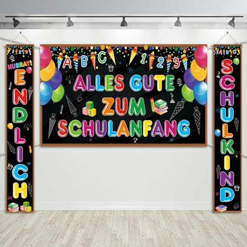 Einschulung Banner Deko, Alles Gute Zum Schulanfang Banner Schulkind Banner & Hurray! Endlich Schulkind Veranda Zeichen Schuleinführung Girlande Dekoration Set für Mädchen Jungen