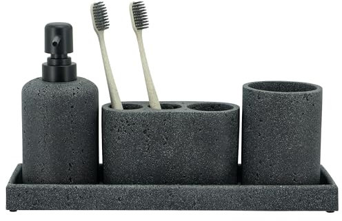 ZCCZ Set di 4 accessori da bagno nero con dispenser di sapone, porta spazzolino da denti, bicchiere da bagno e vassoio da toeletta, organizer decorativo per bancone