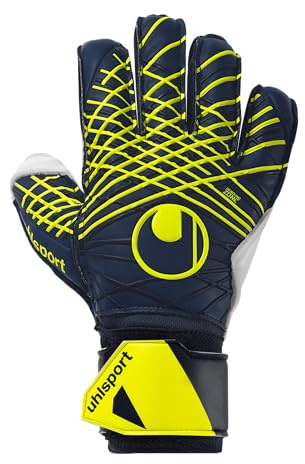 uhlsport Fußball Torwarthandschuhe Prediction Soft Flex Frame - Torwarthandschuhe für Kinder und Erwachsene mit Fingerschutz, 5, Marine/weiß/Fluo gelb