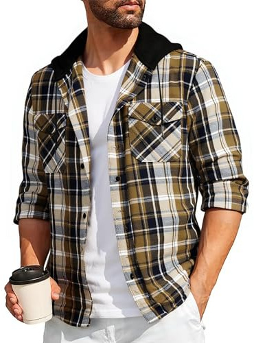 SwissWell Camicia Uomo Flanella Felpe Uomo Camicia a Quadri Manica Lunga Casual Camicia con Cappuccio Marrone Chiaro XL