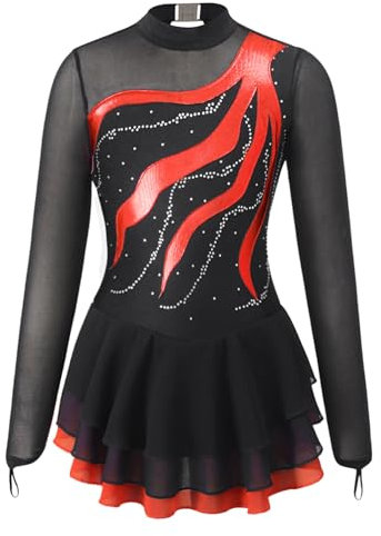 Vxuxlje Mädchen Eiskunstlauf Kleid Patchwork Kürkleid Glänzende Rollkunstlauf Anzug Tanzkleid Langarm Tanzanzug Trikots Rot 110-116