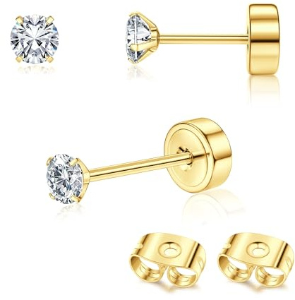 Adramata Titan Ohrringe Hypoallergene Ohrstecker Gold | Titan Ohrstecker mit Flach Zurück, Goldene Ohrstecker Damen, Piercing Ohr Tragus Helix Piercings 2/3/4mm