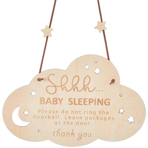CREATCABIN Schild Baby Schläft Für Die Haustür Rustikales Türschild Holz Bitte Nicht Klingeln Türhänger Für Babyzimmer Mit Seil Wolke Aufhängen Heimdekoration Für Neue Eltern Geschenke 22x14cm