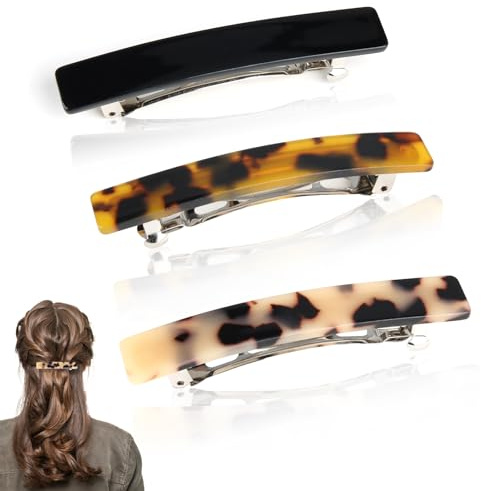 Joynine 3 fermagli per capelli francesi da donna, rettangolari, automatici, piccoli fermagli per capelli sottili di medio spessore (nero/scura/tartaruga chiara)