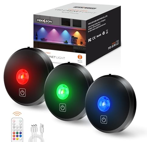 MEKKLEON LED Vitrinenbeleuchtung Kabellos RGB mit Fernbedienung, Schwarz, 3 Stück 2000mAh Aufladbar LED Spots Akku, Unterschrankleuchte, Schrankleuchte, küchenunterschrank