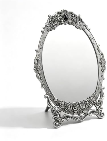 Vintage-Make-up-Spiegel, Tischspiegel, antiker Kosmetikspiegel, dekorativer Spiegel, floral geprägte Perlenkanten, klares Bild,Schminkspiegel Kosmetischer Spiegel mit Ständer (antiker Zinnspiegel)