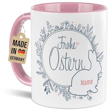 Tassendruck Personalisierte Ostertasse mit Name selbst gestalten - Frohe Ostern - Osterkranz mit Hasen Kontur - Ostergeschenke für Frauen - Keramiktasse, 300 ml, Innen & Henkel Rosa