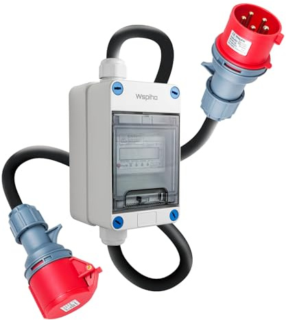 WSPIHO 32A Mobiler Digitaler Stromzähler 3 Phasen mit LED,CEE Adapter 32A auf 32A,IP44 5 Pin Stecker und Kupplung mit 2,5 mm² CEE Verlängerungskabel (32A 1M+1M)